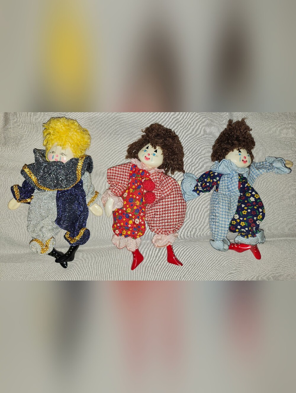 Porcelain Clown Doll Trio - Yellow, Red, Blue